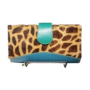Mari Giraffe Cowhide Print Wallet Teal Leather Rainbow Interior Long Clutch NWT